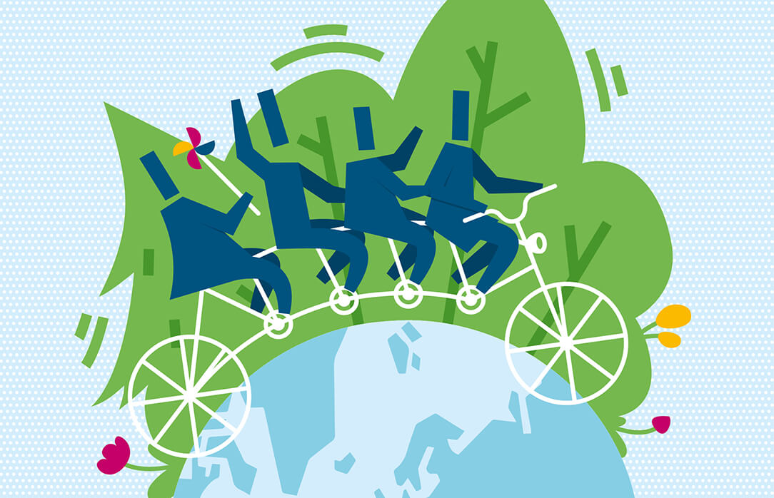Vier illustrierte Personen fahren auf einem Fahrrad gemeinsam um die blaue Erdkugel
